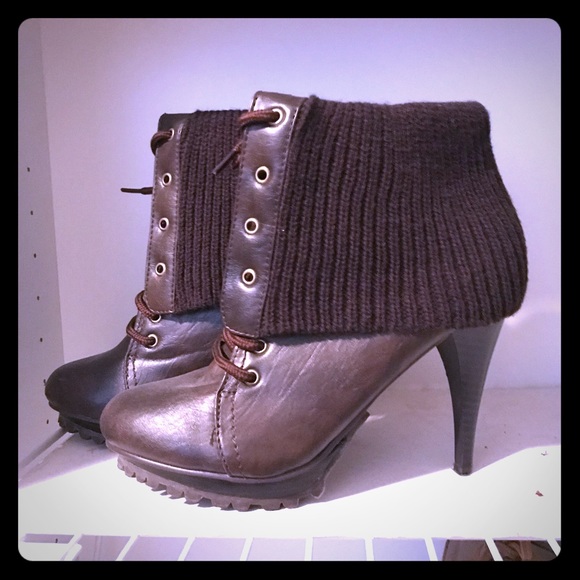 Brown Leather Knit ankle boots - Picture 1 of 4